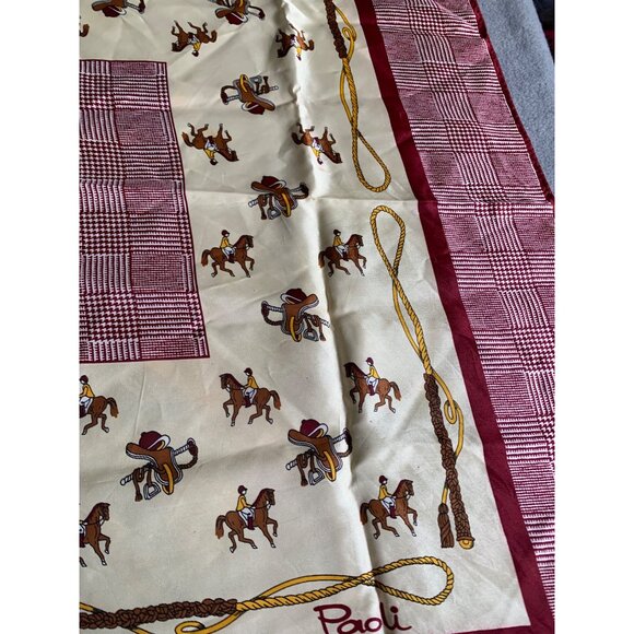 Paoli Vintage Equestrian Scarf made in Japan red and cream horse rider print - Picture 3 of 12